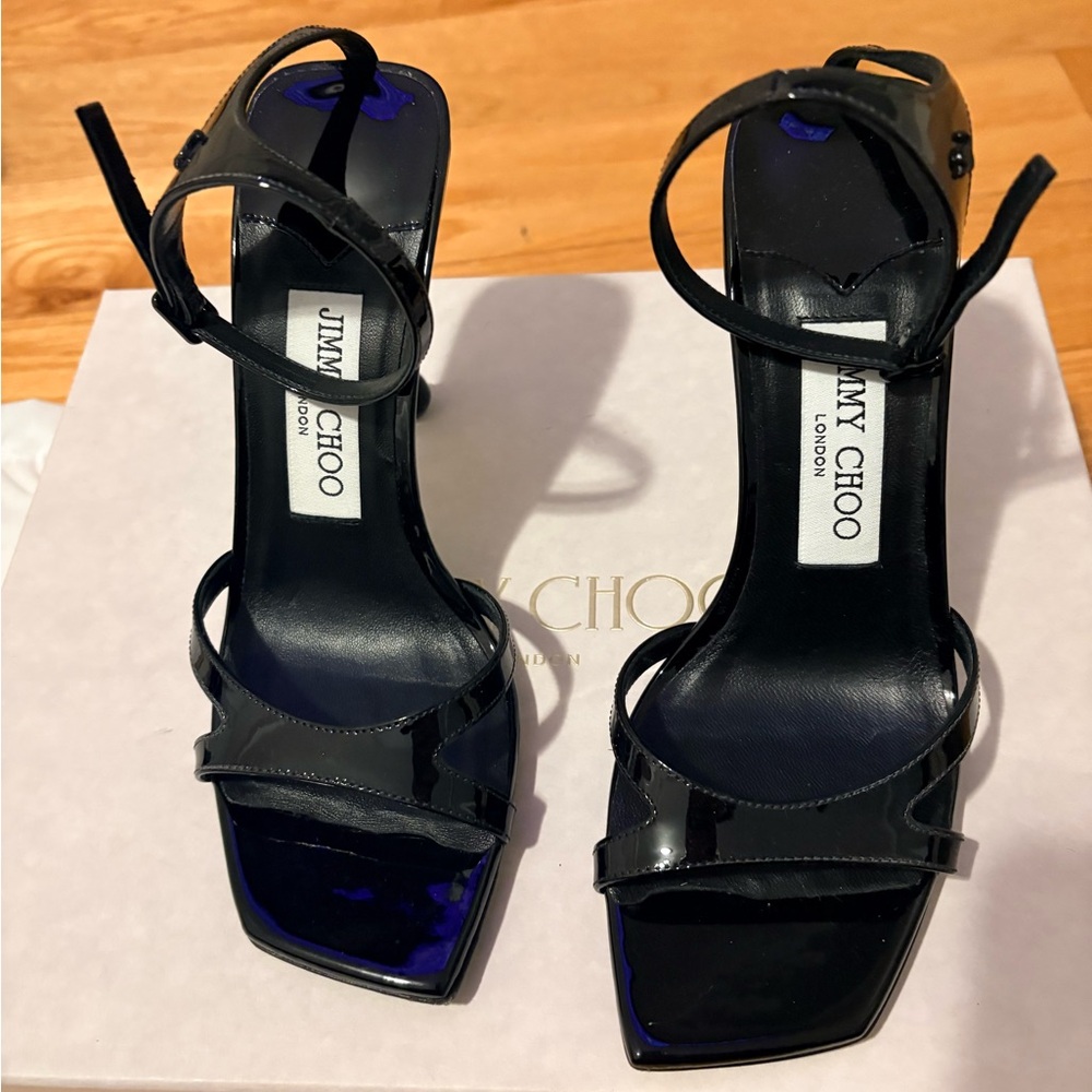 Jimmy Choo IXIA Black Patent Leather Strappy Square-Toe Heels